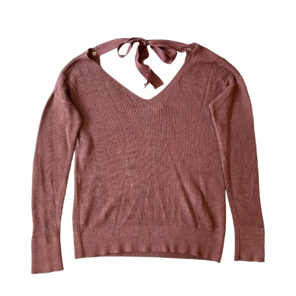 Dynamite Deep V Tie Back Ribbed Long Sleeve sweater in a Dusty Rose